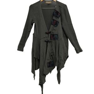 Zuza Bart Vintage Olive Green Asymmetrical Lagenlook Cardigan Felted Patch M
